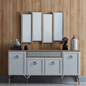 Dimensiuni Bufet Valencia


Lungime: (X)180.9cm

Adancime: (Y)46cm

Inaltime: (Z)84.2cm


Specificatii


 	Tip: Bufet Dining/Living
 	Dimensiune: 180.9x46x84.2cm
 	Culoare: Gri/Stejar
 	Tip picior: Picior rotund
 	Finisaj: Argintiu