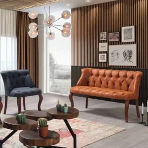 În stil chester se integrează perfect în zona de relaxare sau de primire, stilizând complet spațiul în care acestea sunt expuse. Setul se poate realiza într-o gamă variată de nuanțe. Picioarele pieselor de mobilier sunt din lemn, atent confecționate. Dimensiunile fotoliului sunt de: 60 x 75 x 60 cm, iar ale canapelei cu 2 locuri este de: 125 x 75 x 60 cm. Detaliile setului sunt extrem de deosebite, ieșind în evidență și completând orice decor. Spătarul înalt îl face foarte relaxant pentru zona lombară.