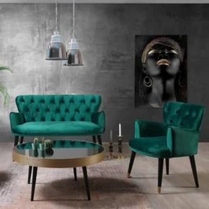 În stil clasic se integrează perfect în zona de relaxare sau de primire, stilizând complet spațiul în care acestea sunt expuse. Setul se poate realiza într-o gamă variată de nuanțe. Picioarele pieselor de mobilier sunt din lemn, atent confecționate. Dimensiunile fotoliului sunt de: 60 x 75 x 60 cm, iar ale canapelei cu 2 locuri este de: 125 x 75 x 60 cm. Detaliile setului sunt extrem de deosebite, ieșind în evidență și completând orice decor. Spătarul înalt îl face foarte relaxant pentru zona lombară.
